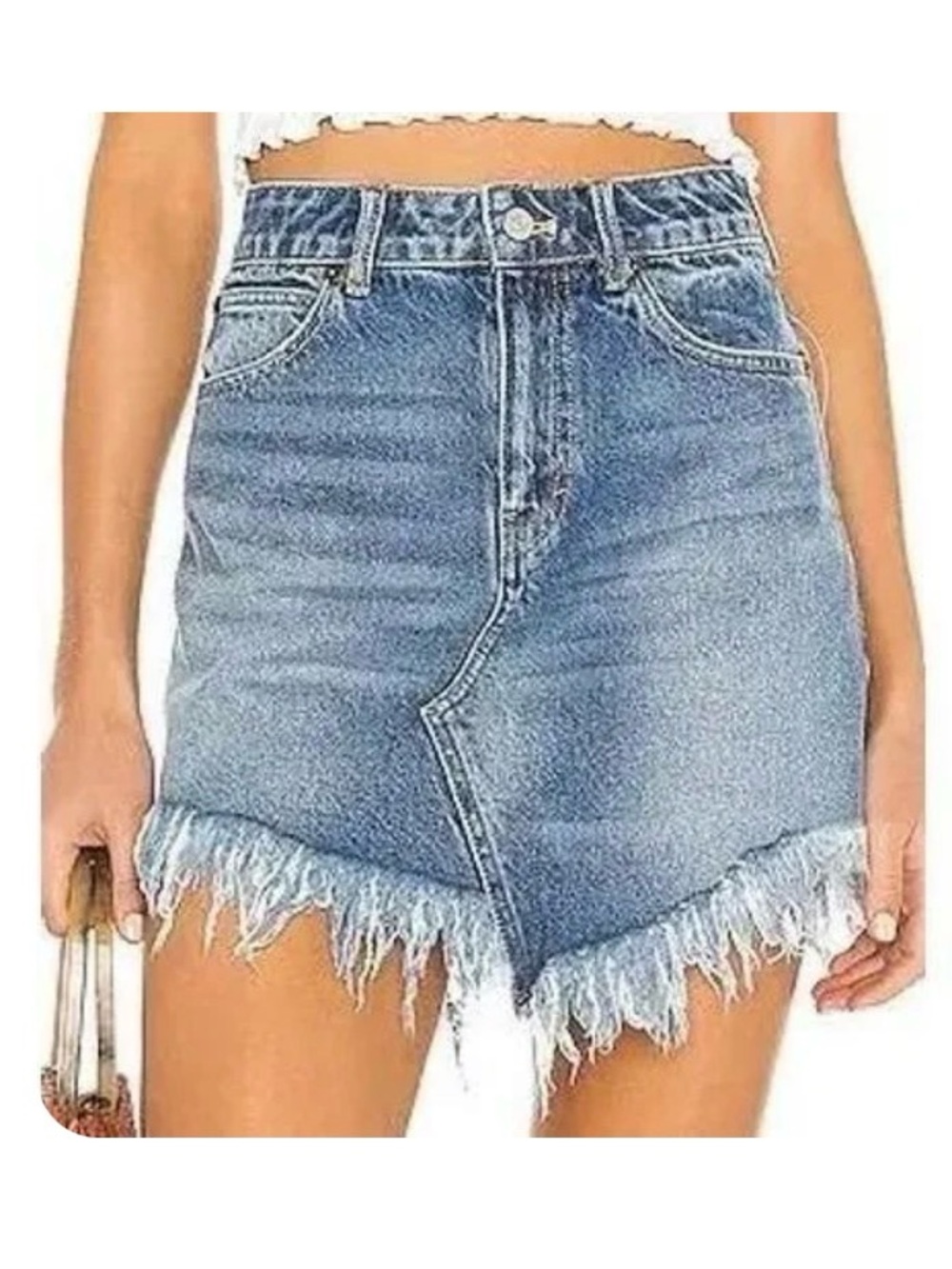 WE THE FREE BAILEY Denim Fringe Asymmetric Mini Skirt.NEW WITHOUT TAG